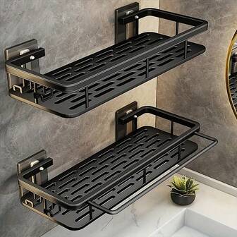 Black Rust-Proof 2 Packs Polished Metal Bathroom Shelves - Wall-Mounted No-Drill Hanging Shower Caddy For Shampoo And Conditioner Storage, Space-Saving Organizer With Hook - 8mm Tube Diameter Home Bathroom Decor Bathroom Organizer Fall Decor Back To School