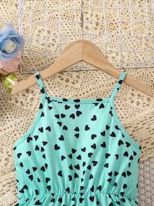 Young Girl Fashion Heart Pattern Spaghetti Strap Jumpsuit, Suitable For Summer - Green - View 6