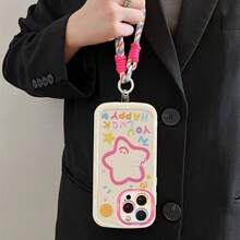 挂绳 1 件彩色星星和字母图案保护硅胶手机壳带腕带，适合青少年，手机壳兼容 iPhone16/7/8/11/12/13/14/15/X/XR/Xs/Plus/Pro/Pro Max/SE2/16E 防水防震防摔防刮