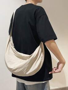 1pc Peach Tree Fashion Minimalist Solid Color Large Capacity Adjustable Strap Crossbody Shoulder Bag, Multi-Pockets Vintage For Daily/Shopping, Lightweight Water-Washed Nylon - Beige - View 6