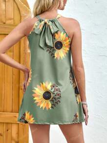 Vestido de verano casual de mujer para Europa y EE. UU. 2025, vestido de playa de tirantes con diseño calado, estampado de girasoles y mariposas para vacaciones