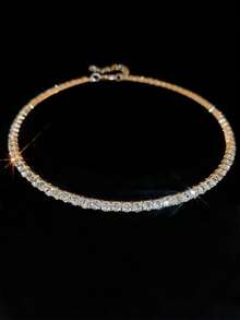 Women Fashion Rhinestone Necklace For Party,2Pcs/Set Necklace And Bracelet Jewelry Decoration Rhinestone Fashion Accessories Set,Women Alloy Pendant Necklace Bracelet And Earrings Set For Wedding And Bridal,Rhinestone Round Choker Necklace Gold/Silver - 手鍊/項鍊 1 金圈 - 查看 4