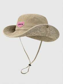 1pc Unisex Sweet Cute Heart Embroidered Pink Patch Bucket Hat With Wind Cord, Versatile For Outdoor Hiking, Fishing, Sports, Beach, Riding, Travel,Summer - Pink - View 15