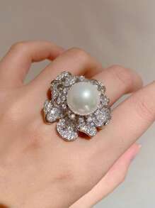 1 PC Gorgeous Cubic Zirconia & Faux Pearl Ring For Women For Mother's Day Gift Party Jewelry
