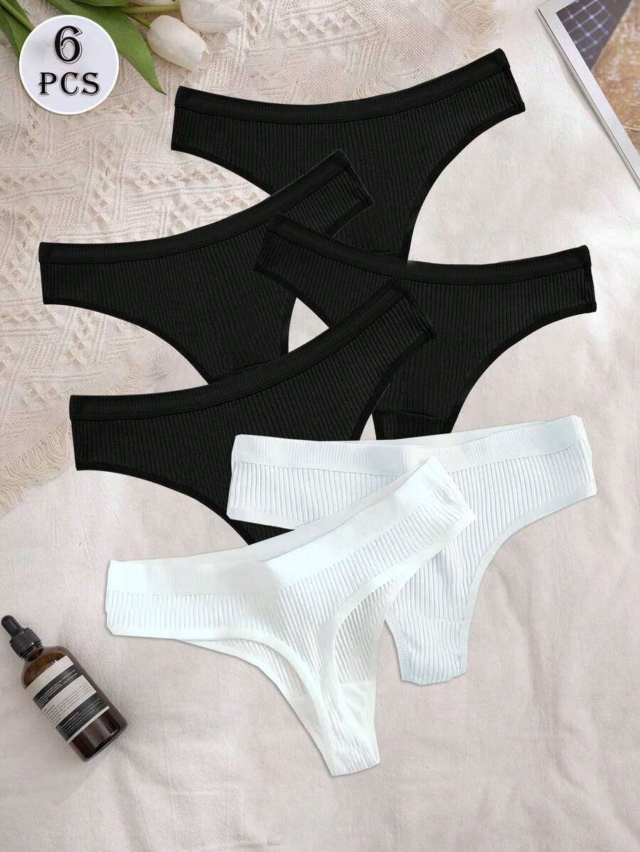 6pcs/Set Ribbed Comfortable Thong G-String T-Back Seamless Panties, Sexy Comfortable Triangle Briefs Women's Underwear