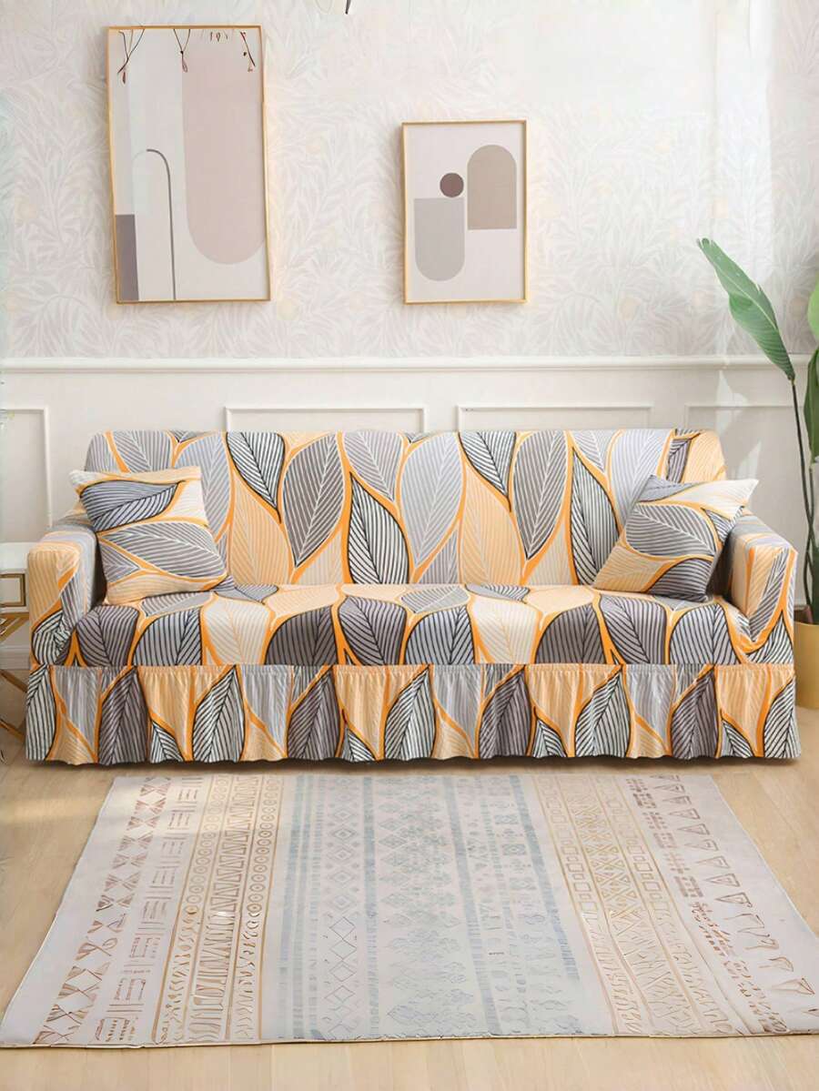 1pc Leaf Printed Elastic Sofa Cover With Skirt Edge, Polyester Fiber Sofa Cover, Knitted Milk Silk All Season Universal Sofa Cover - Orange - View 1