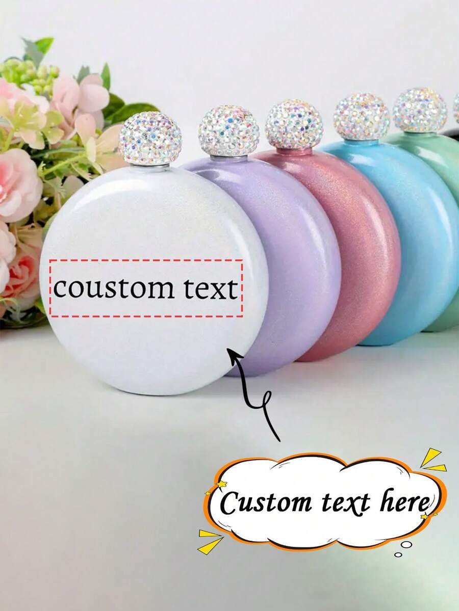 1pc Customized Text Stainless Steel Hip Flask, Colorful Round Pocket Bottle With Floral Cap, Elegant Round Liquor Bottle, Personalized Drinkware, Unique Accessory Suitable For Travel, BBQ, Bachelorette Party, And Bridesmaids Gifts, Elegant Gift For Her, Wife, Girlfriend - Multicolor - View 1