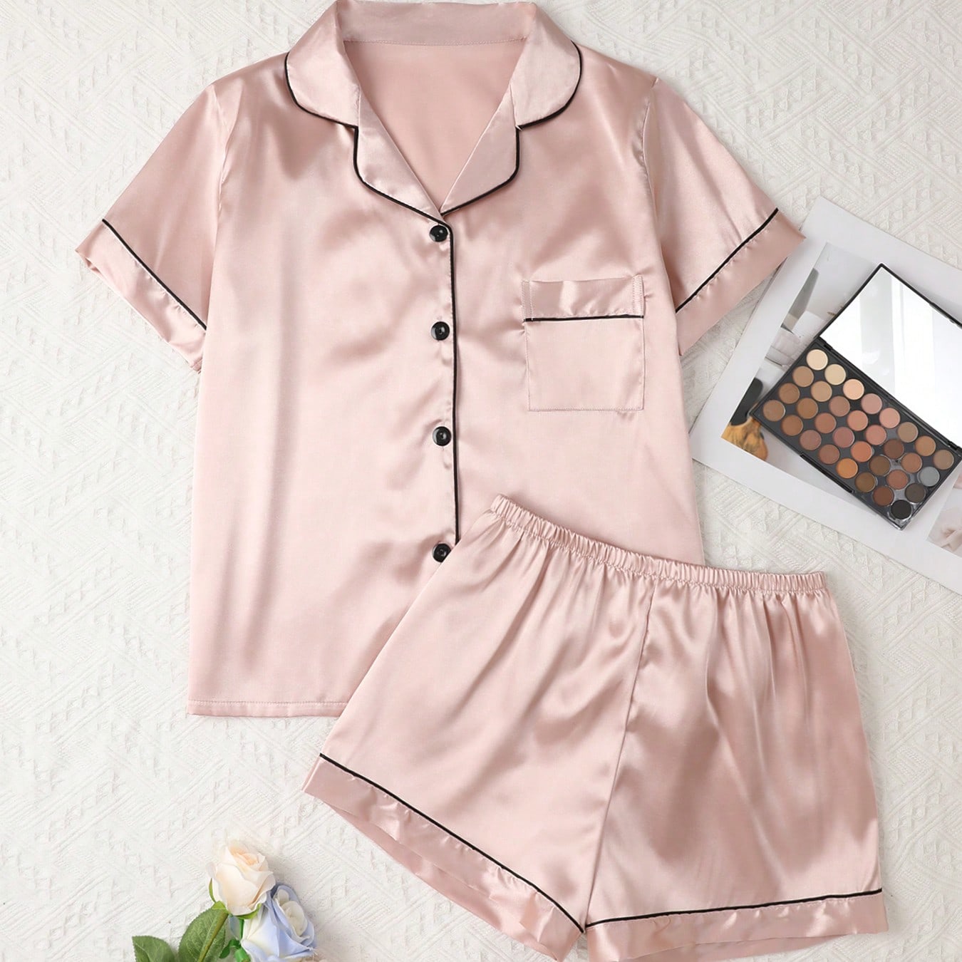 Conjunto de pijama de satén de seda de lujo para mujer, top de cárdigan con botones de manga corta y pantalones sueltos, ropa de estar en casa suave