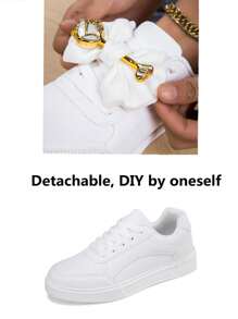 Baskets décontractées pour femmes avec lacets, décor de fleur dorée et nœud. Chaussures polyvalentes confortables et antidérapantes, idéales pour les événements extérieurs et le port quotidien, toutes saisons