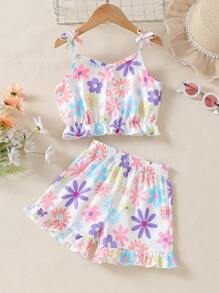 2pcs/Set Girls Summer Sleeveless Top And Shorts Set, Flower Print Tank Top + Ruffle Hem Shorts, Suitable For Home, Outings And Play