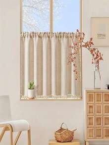 1pc Premium Beige Linen Voile Fabric Kitchen/Cafe Short Curtain, Decorative Window Valance - Beige - View 1