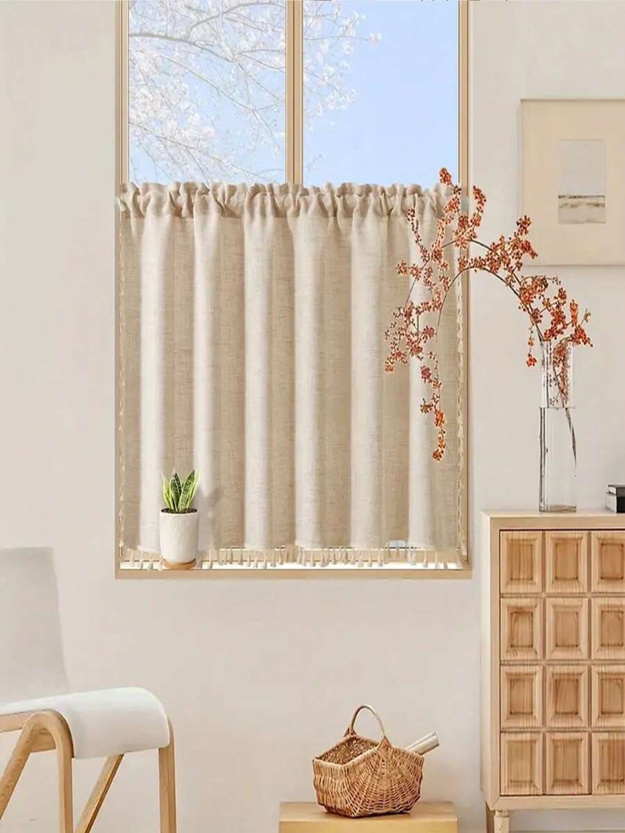 1pc Premium Beige Linen Voile Fabric Kitchen/Cafe Short Curtain, Decorative Window Valance - Beige - View 1
