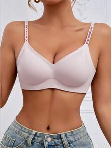 Wireless Jelly Support Camisole Bra, Letter Strap, Anti-Sagging, U-Back Fixed Cup - Pink - View 2