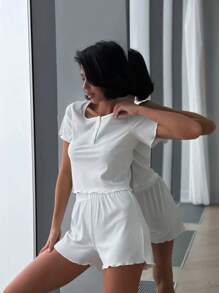 2pcs Women Summer New Solid Color Knitted Ribbed Soft Cozy Round Neck Short Sleeve T-Shirt And Shorts Loungewear Set, Suitable For Home Use