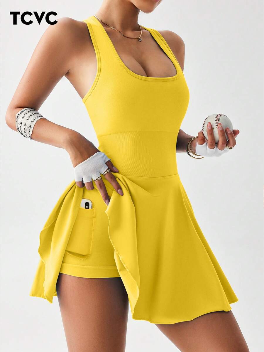 TCVC Ladies Seamless Knit Pocket Sportswear Dress, Camisole Racerback Design, Sleeveless Crew Neck Tennis Dress, Indoor/Outdoor Sports & Yoga, Skin-Friendly Fabric, Tight-Fit Shaping - Yellow - View 1
