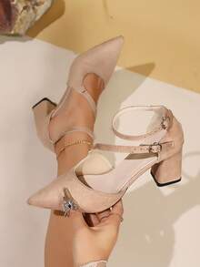 Women's Fashion Pointed Toe Chunky Heel Soft Sole Breathable Square Heel Sandals, Outdoor Versatile Holiday Style, Double Buckle Black High Heels - Apricot - View 4