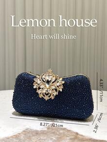 1 pieza de bolso de noche elegante de lujo con pedrería y brillo azul marino, bolso de mano de moda con cierre de pedrería, adecuado para banquetes, fiestas, bodas, galas, regalo ideal para - Azul Marino - Ver 5