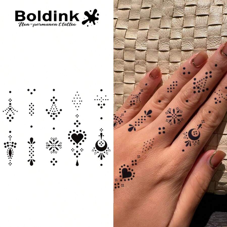 Boldink 临时纹身 - 灵感来自爱心和星星的设计,生动逼真,防水效果可持续 1-2 周,自然哑光效果,易于粘贴在手指、手腕和小身体部位 - 黑色 - 查看 1