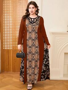 DEARCASE Plus Size Print Long Sleeve Maxi Dress, Fashionable Design Suitable For Summer, Modest Spring Vacation - Coffee Brown - View 1