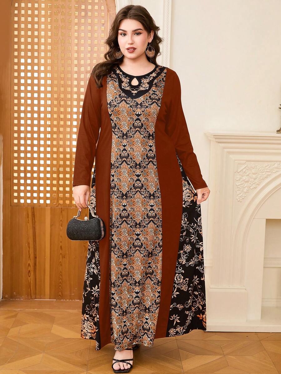 DEARCASE Plus Size Print Long Sleeve Maxi Dress, Fashionable Design Suitable For Summer, Modest Spring Vacation - Coffee Brown - View 1