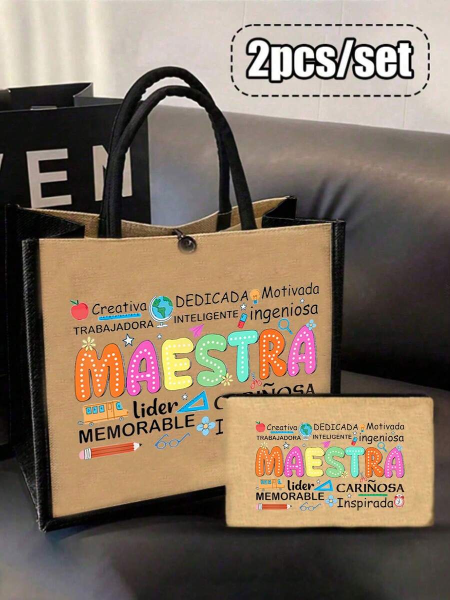 Awesome Fun Letter Pattern Handbag, Tote Bag Women's Handbags, Traveling, Traveling, Shopping,Creative Design Letter Handbag Daily Commuting, Gifts, Etc., Bag For Teen Girls Women College Students,White-Collar Workers,Perfect For Work,Back To School,Middle School,High School,College,Vacation,Beach - Khaki - View 1