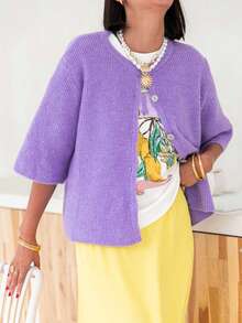 Women's Knit Cardigan Half Sleeve Round Neck Solid Color Button Up Knitwear - 紫色 - 查看 1