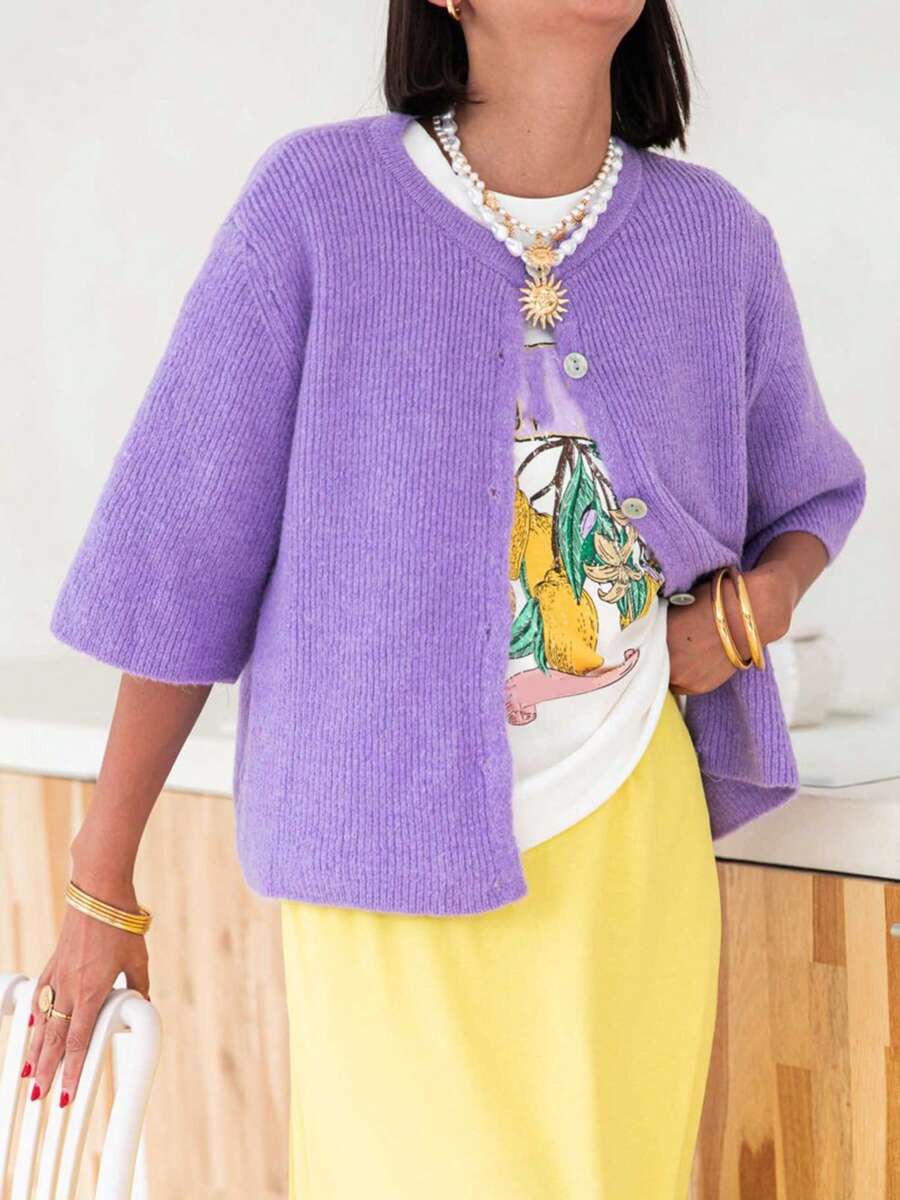 Women's Knit Cardigan Half Sleeve Round Neck Solid Color Button Up Knitwear - 紫色 - 查看 1