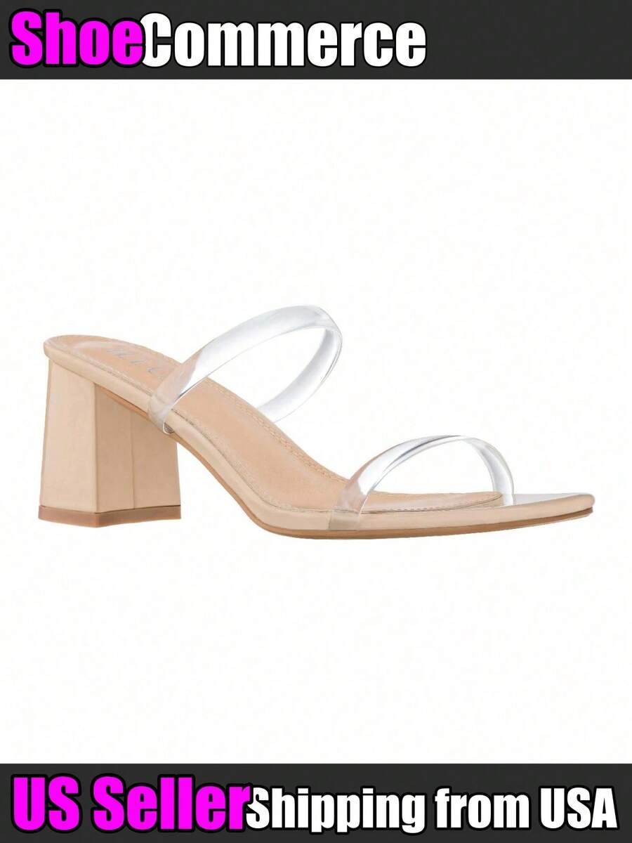 Women's Minimalist Chunky Heeled Mule Sandals Fashionable Elegant  Heeled Sandals Block Heel Square Toe Heeled Sandal Summer Shoes - 無色 - 查看 1