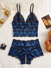 嘉年华派对服装睫毛蕾丝性感内衣套装蝴蝶结镂空露乳文胸开裆女士V领性感可调节肩带内衣套装 - 寶藍色 - 查看 3