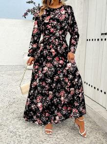 Abbigliamento primaverile ed estivo da donna, con stampa di rose, collo rotondo, maniche lunghe, cintura staccabile, taglio ampio, modesto
