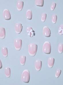 24pcs Short Oval White French Tip Press On Nails Short Bow With Pearls Design Design Fit Perfectly Acrylic False Nail Set,Contain 1pc Jelly Glue And 1pc Nail File, French Tip Nial For Women And Girls To DIY Daily Work Study And Party Use