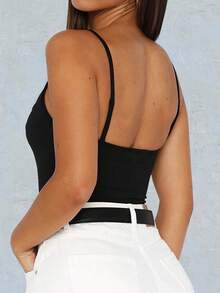 VIVINA Women's Summer Solid Color Lace Trim Splice Round Neck Fitted Camisole Top - Black - View 5