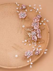 3pcs/Set Bridal Wedding Hair Accessories, Pink Fabric Flower Hairpin & Comb Combo