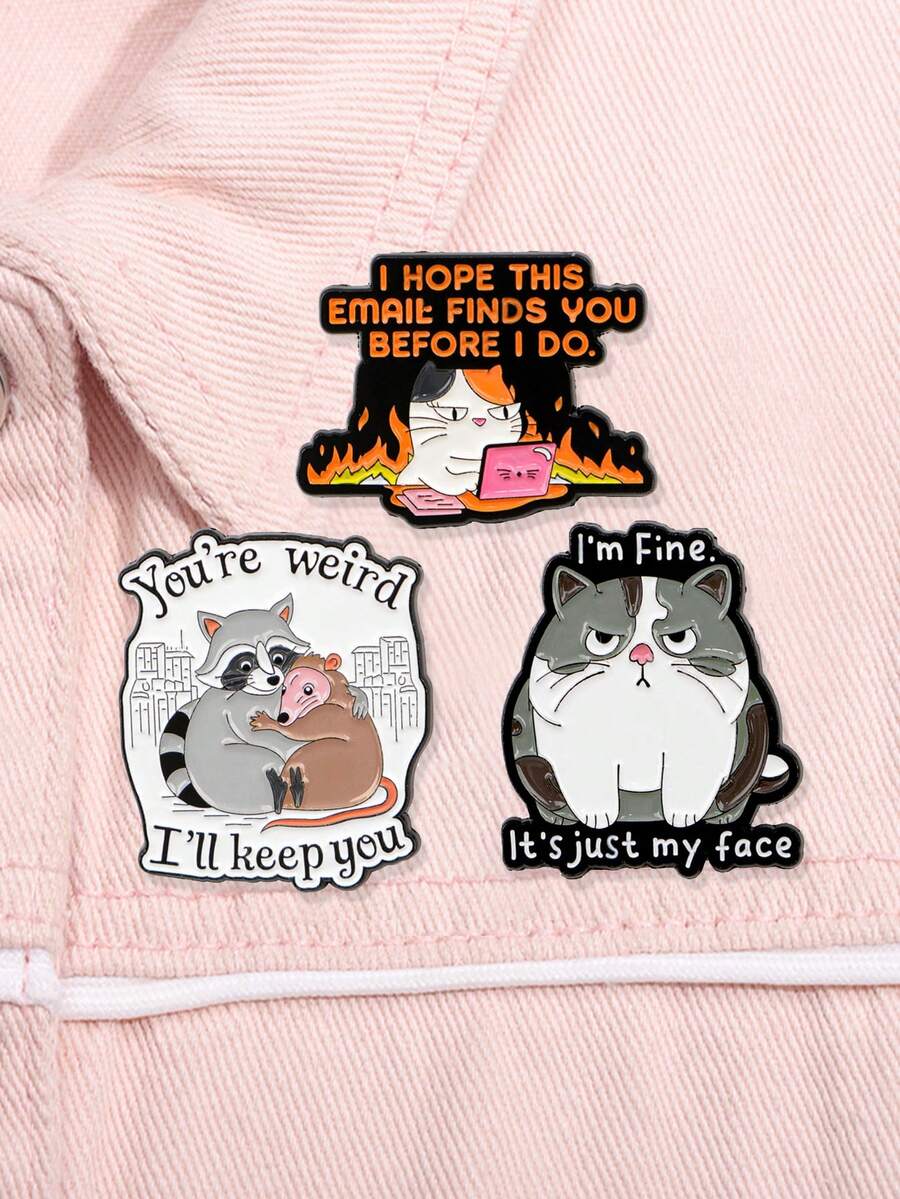 3Pcs Cute Fat Cat Enamel Pin Funny Quotes Brooch Pines Lapel Pins Badge On Backpack Clothing Accessories Animal Jewelry Friends Gifts - Multicolor - View 1