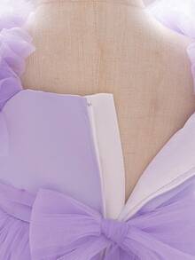 1件女婴荷叶边薄纱蝴蝶结可爱一周岁生日派对连衣裙，适合花童婚礼庆典，附赠发带 - 淡紫色 - 查看 10