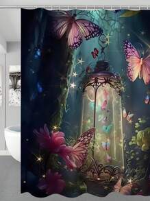 1/4 Pcs Butterfly Printed Bathroom Shower Curtain Set, Fashion Bathroom Decoration, Waterproof Fabric Shower Curtain Set With 12 Hooks, Anti-Slip Bathroom Mat, U-Shaped Toilet Seat Cover Bathroom Accessories