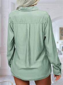 Womens Solid Lapel Long Sleeves Button Down Shirt Top Casual Basic Office Blouse - Xanh nhạt - Xem 4