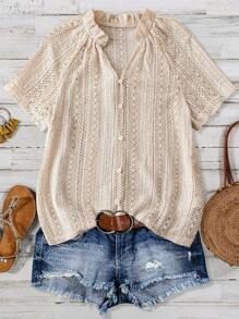 Women's Short Sleeve Shirt, Fashion Design Versatile Loose Fit Hollow Out