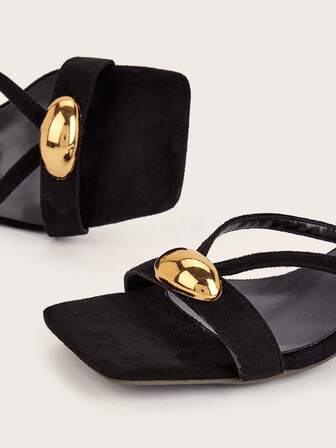 女士新款时尚优雅金属装饰露趾高跟方头人字拖凉鞋休闲穆勒拖鞋户外凉鞋