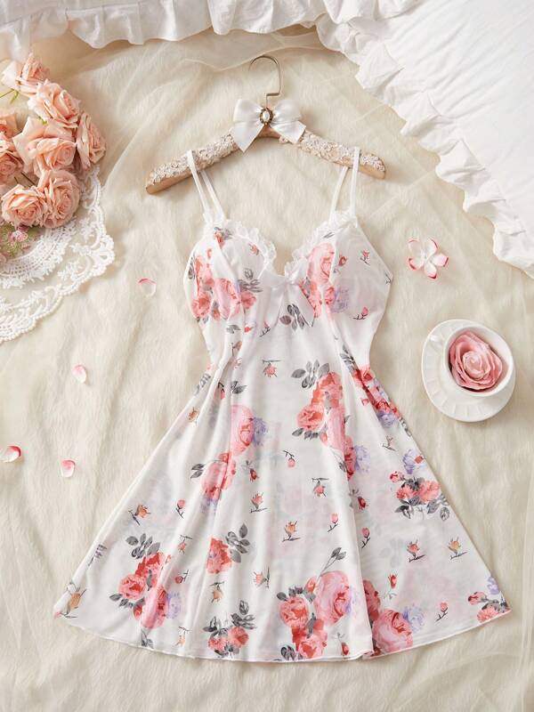 Floral Print Camisole Sleepwear With Lace Trim & Adjustable Spaghetti Straps