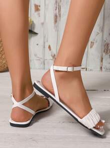 Women's Flat Sandals, Ankle Strap Slip-On White Mules, Elegant Faux Leather Casual Shoes, Summer Flat Sandals, Strappy Mules,Slides,Suitable For Vacation And Beach Fun,Flat Head Sandals