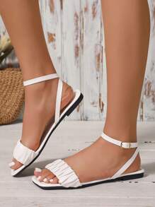 Women's Flat Sandals, Ankle Strap Slip-On White Mules, Elegant Faux Leather Casual Shoes, Summer Flat Sandals, Strappy Mules,Slides,Suitable For Vacation And Beach Fun,Flat Head Sandals
