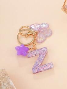 1 Pc Creative Key Chain With Letter Stone Resin Pendant, Butterfly Tassel Letter Keychain For Girl - Purple - View 5