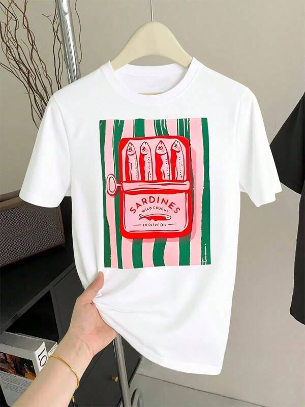 Canned Sardines Print Pattern Women's Round Neck Short Sleeve Regular Fit Tee For Spring/Summer