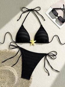 New Arrivals Women Solid Starfish Bikini Swimwear, European & American Style 3-Point Bikini, Solid Color Swimsuit, Elegant Backless Tie-Up Design
