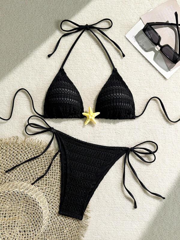 New Arrivals Women Solid Starfish Bikini Swimwear, European & American Style 3-Point Bikini, Solid Color Swimsuit, Elegant Backless Tie-Up Design