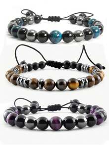 YAUKIA 1pc 8mm Tiger Eye & Matte Black Onyx And Blue Hematite Bracelet – Adjustable Beaded Bracelet For Men Women, Protective Healing Stone, Handmade Gemstone Jewelry, Stylish Gift - Multicolor - View 10