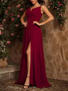 Vestido elegante de unicolor con escote en V, tirantes finos, sin mangas y con abertura alta, diseño plisado en silueta favorecedora tipo A, vestido de dama de honor o novia de largo maxiabier