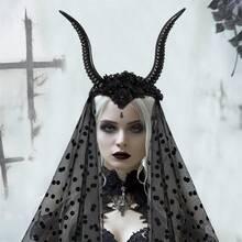 Women Halloween Headband, Gothic Goat Horns Dots Tulle Hair Hoop Hair Accessories Party Hairpiece - màu đen - Xem 4