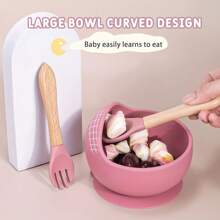 5 pièces/Set Vaisselle en silicone pour bébé, Set d'alimentation: 1 pièce bavoir en silicone, 1 pièce bol escargot en silicone, 1 pièce assiette en silicone, 1 pièce grande cuillère en bois, 1 pièce grande fourchette en bois